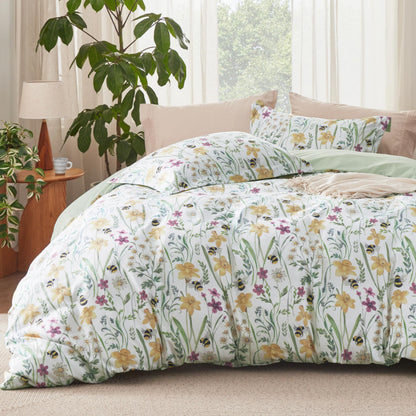 Bedsure Duvet Cover Queen Size - Reversible Cute Floral Duvet Cover Set with Zipper Closure, 3 Pieces White Bedding Set with 8 Corner Ties and 2 Pillow Shams 20"x26"